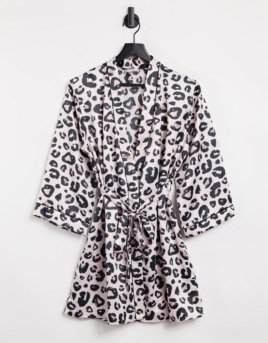 Loungeable Satin leopard print dressing gown-Multi