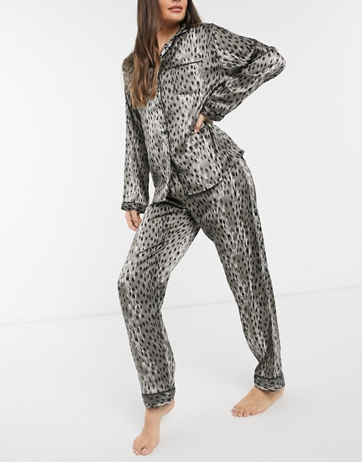 Loungeable satin leopard print shirt and trouser pyjama set