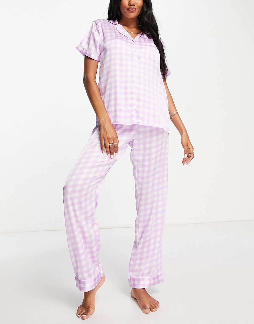 Loungeable satin long pajama set in lilac gingham-Purple