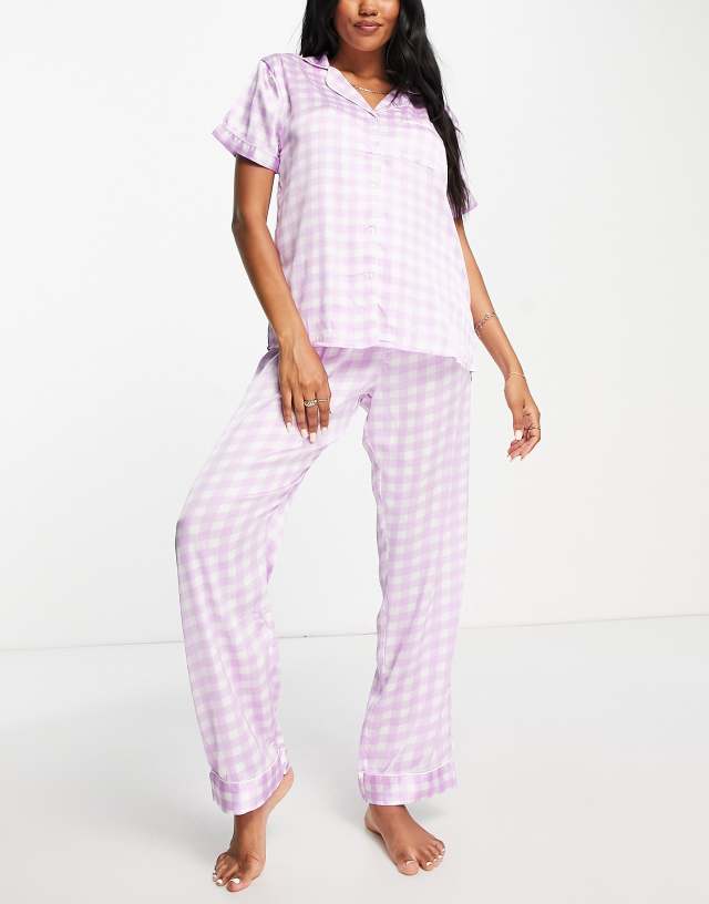 Loungeable satin long pajama set in lilac gingham