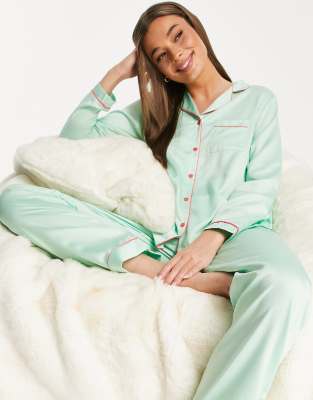 Loungeable satin long pajama set with contrast piping in mint