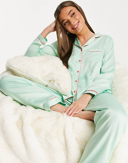 Loungeable satin long pajama set with contrast piping in mint green