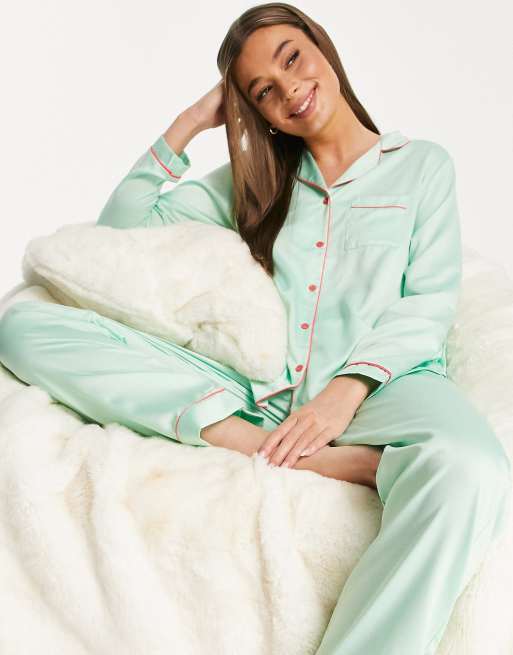 Loungeable satin long pajama set with contrast piping in mint green