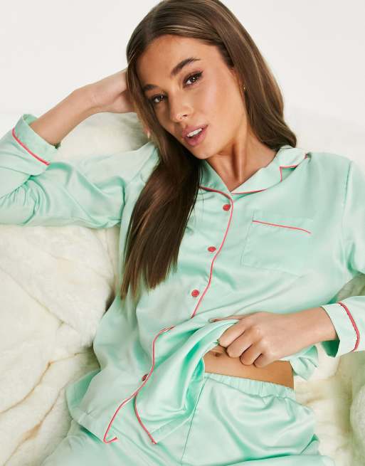 Loungeable satin long pajama set with contrast piping in mint green