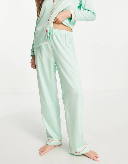 Loungeable satin long pajama set with contrast piping in mint green