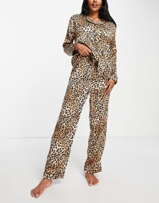 Loungeable satin long pyjama set in leopard print