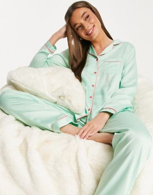 Loungeable satin long pyjama set with contrast piping in mint green
