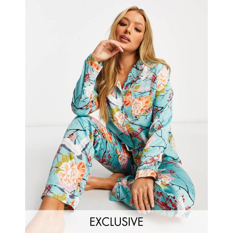 Loungeable satin long revere pajama set in floral bird print ASOS