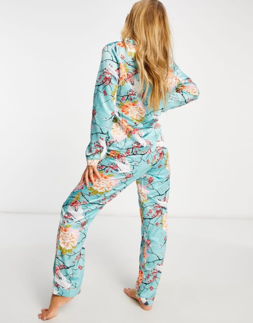 Loungeable satin long revere pajama set in floral bird print ASOS