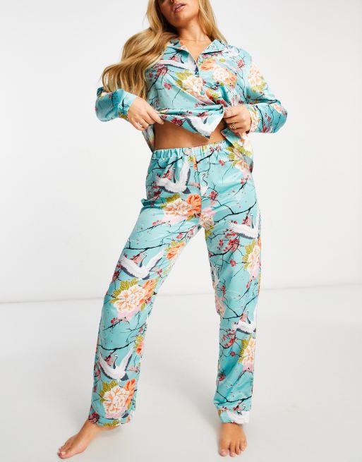 Loungeable satin long revere pajama set in floral bird print ASOS