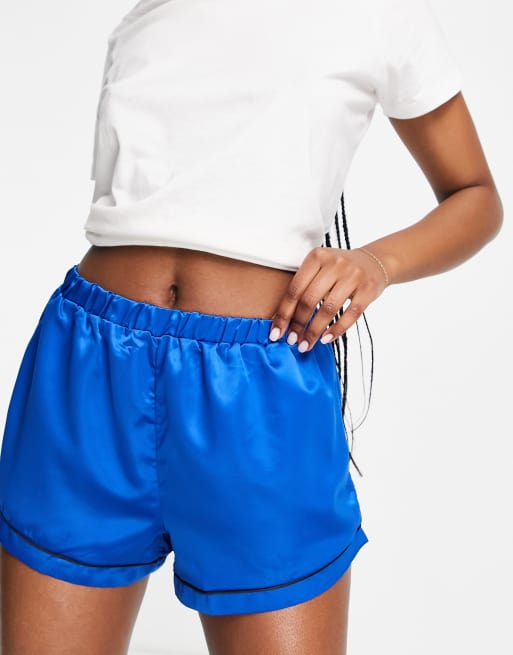 Loungeable satin mix and match pajama shorts in sapphire 