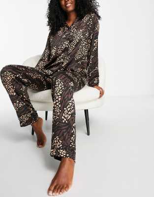 Loungeable satin pajama pants in dark animal - part of a set