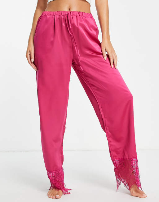 Loungeable Satin Pajama Pants With Lace Trim In Raspberry Part Of A Set