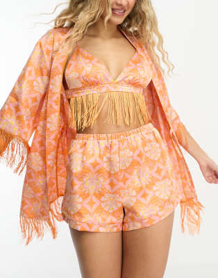 Loungeable - Satin-Pyjama in Orange mit Paisleymuster und Bustier mit Fransenbesatz