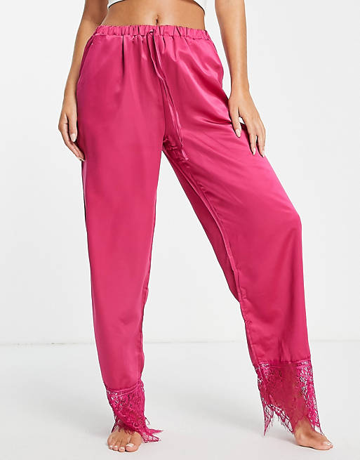Loungeable satin pyjama pants with lace trim raspberry (part of a set)
