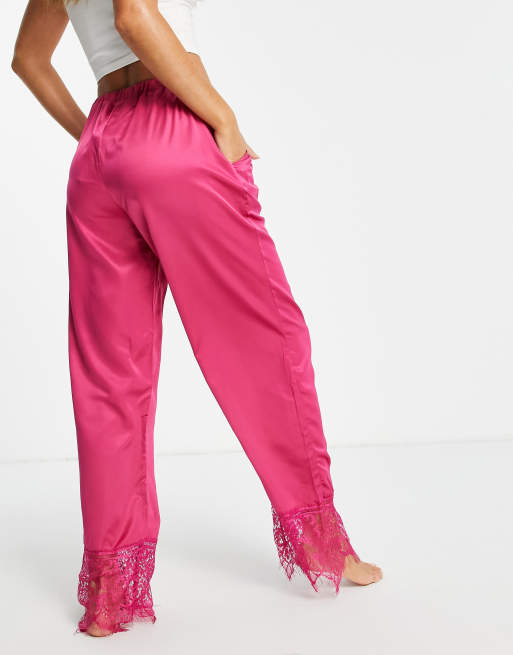Loungeable satin pyjama pants with lace trim raspberry (part of a set), 2 of 4