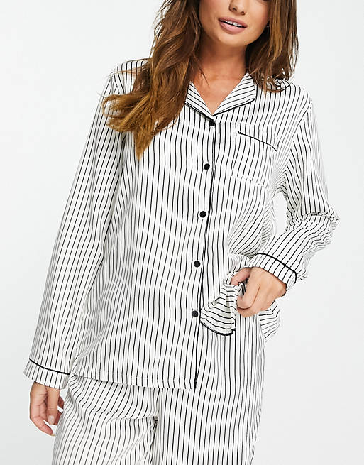 Loungeable satin pyjama shirt in cream and black pinstripe CO-ORD 