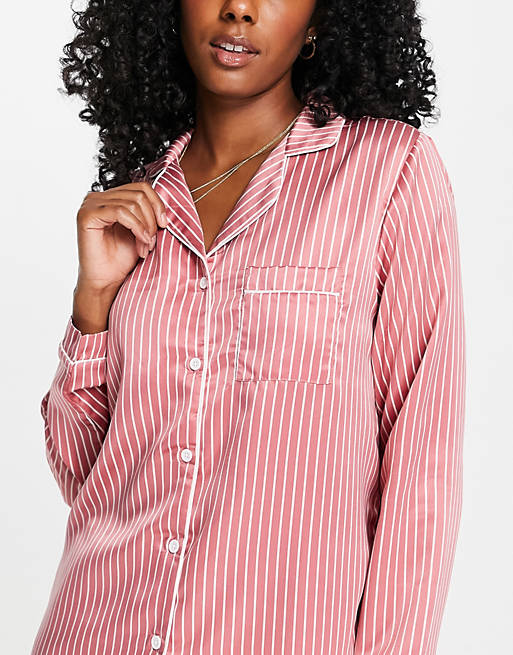 Loungeable satin pyjama shirt in dark pink and cream pinstripe co-ord