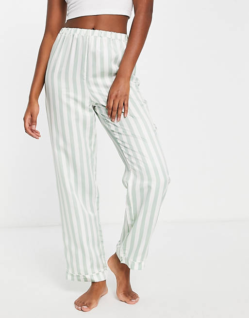 Loungeable satin pyjama trousers in sage green and cream stripe co-ord