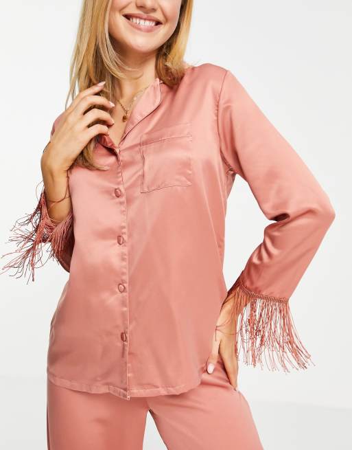 Loungeable satin revere pajama set with fringing in cinnamon, 3 of 4