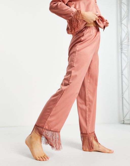 Loungeable satin revere pyjama set with fringing in cinnamon, 2 of 4