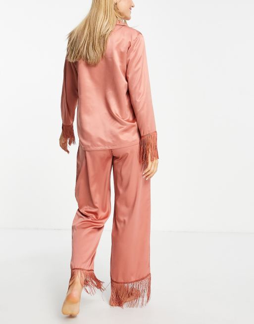 Loungeable satin revere pyjama set with fringing in cinnamon, 4 of 4