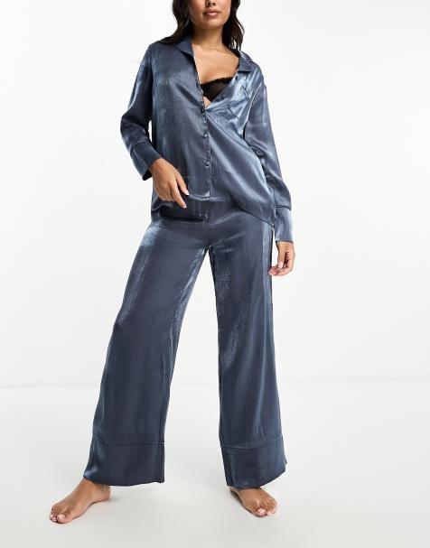 Lina | Navy Blue Satin Pant Set - Two piece Floral PJs Sleepwear