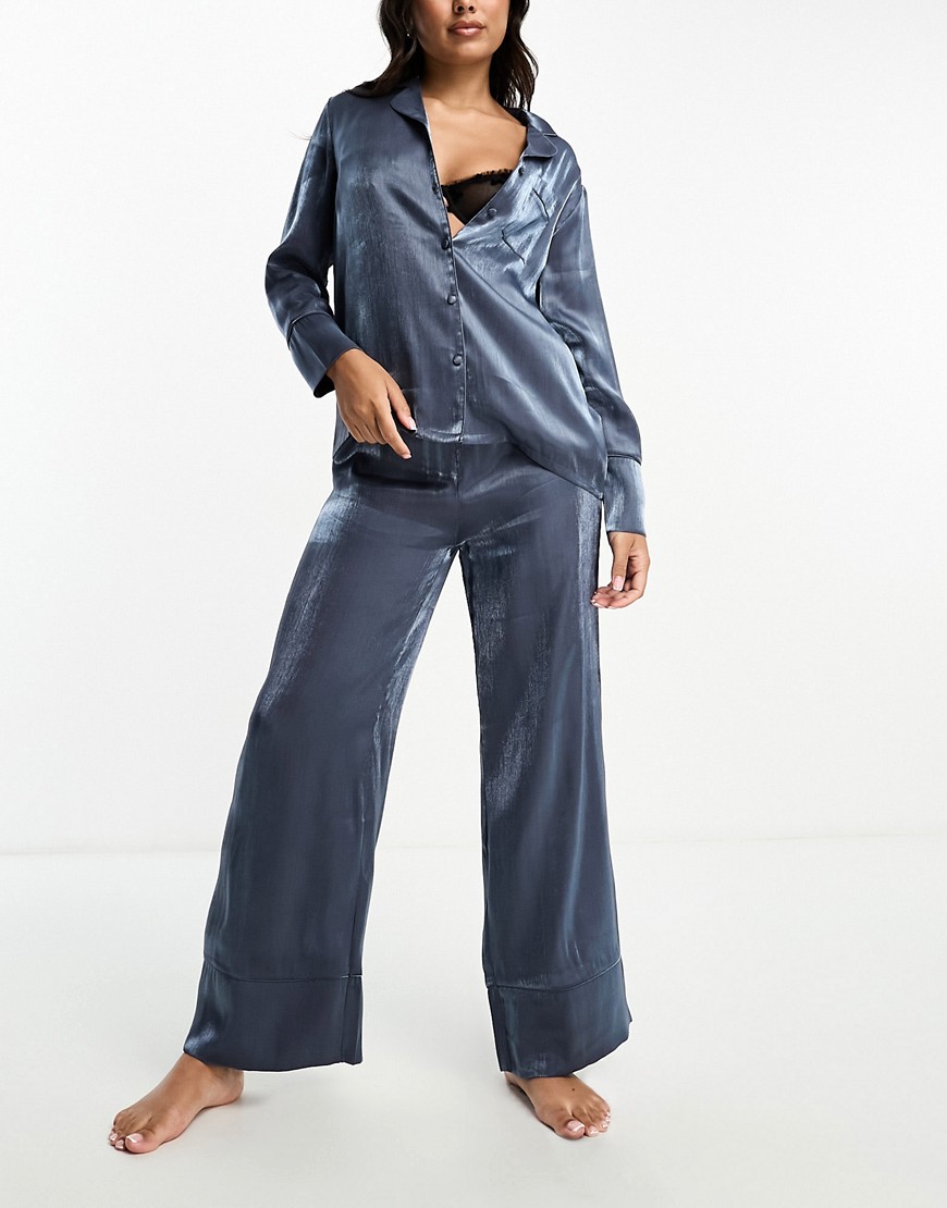 Loungeable Satin Revere Top And Pants Pajama Set In Steel Blue