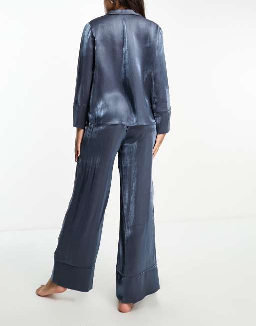Loungeable satin revere top and pants pajama set in steel blue, 2 of 4