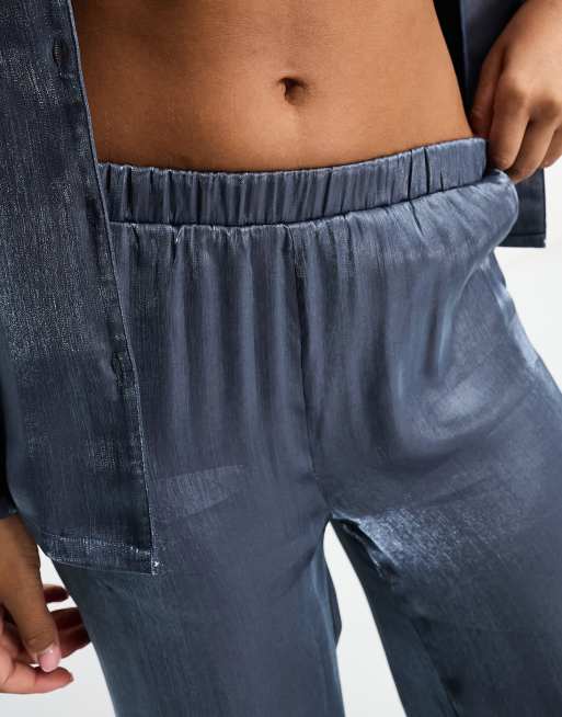Loungeable satin revere top and pants pajama set in steel blue, 4 of 4