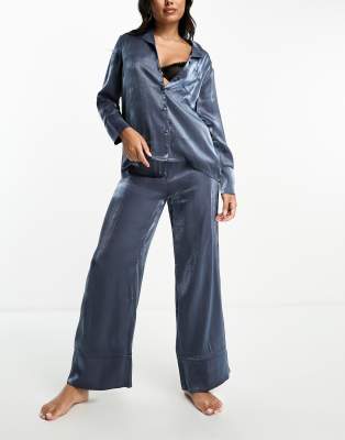 Loungeable satin revere top and trouser pyjama set in steel blue | ASOS