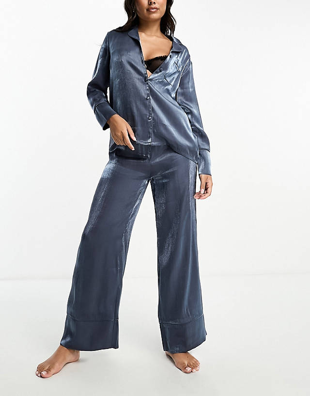 Loungeable - satin revere top and trouser pyjama set in steel blue