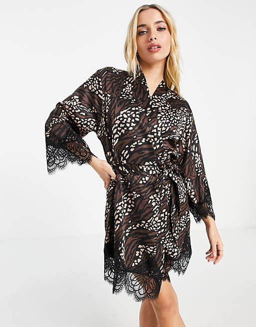 Loungeable satin robe in dark animal co-ord
