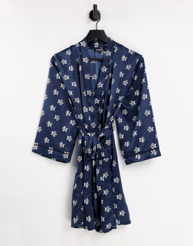 Loungeable satin robe in navy zebra star print