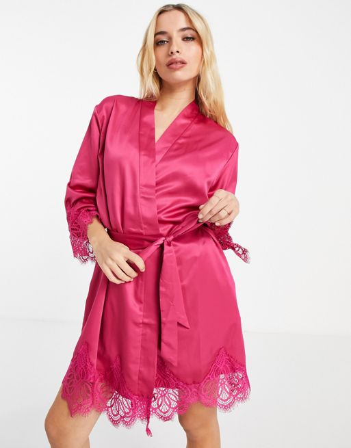 Loungeable satin robe with lace trim raspberry - part of a set | ASOS