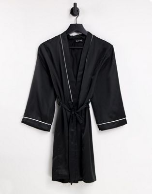 Loungeable Satin Robe With Piping In Black | ModeSens