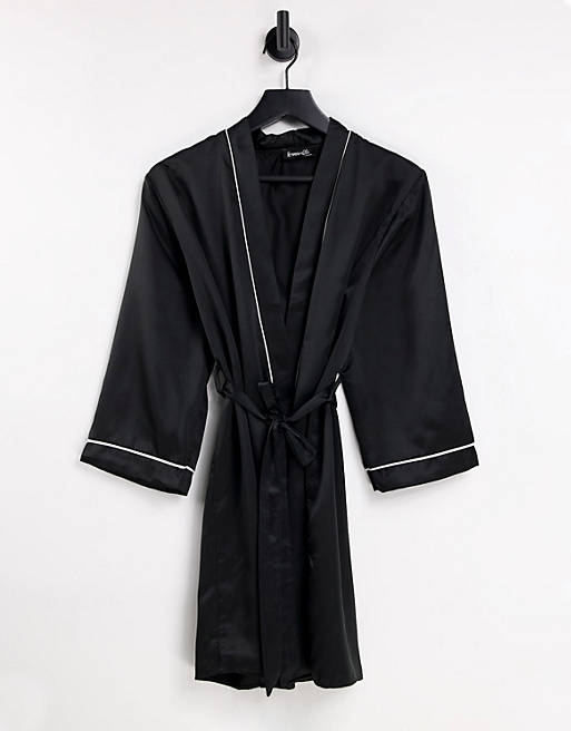Loungeable satin robe with piping in black