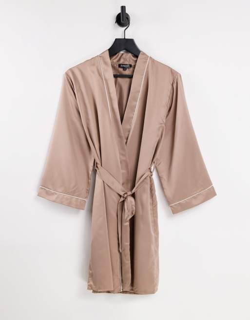 Loungeable satin robe with piping in mocha - part of a set