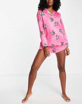 Loungeable satin short pyjama set in pink zebra star print