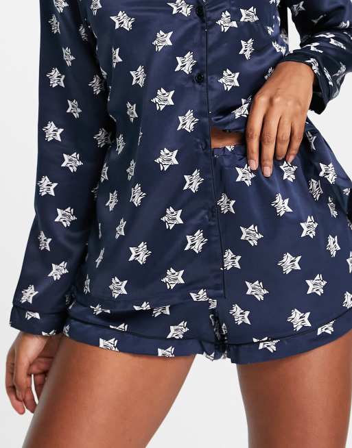 Loungeable satin shorts pajama set in navy zebra star print