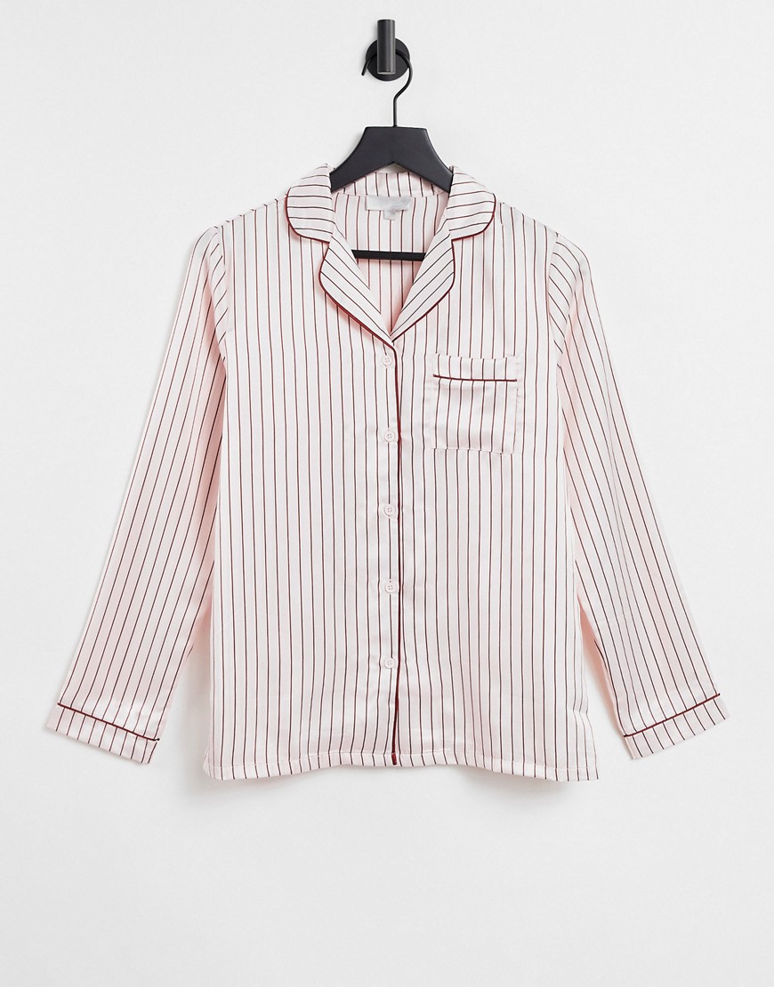 Loungeable Satin striped pajama shirt in cream-Multi
