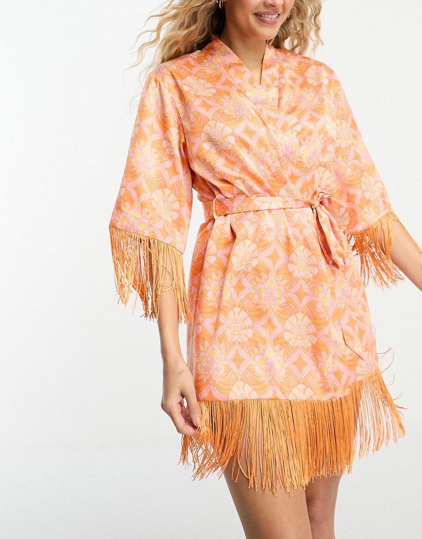 Loungeable satin tassel robe in orange paisley print