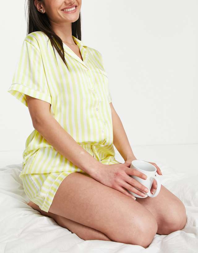 Loungeable satin traditional short pajama set in yellow stripe