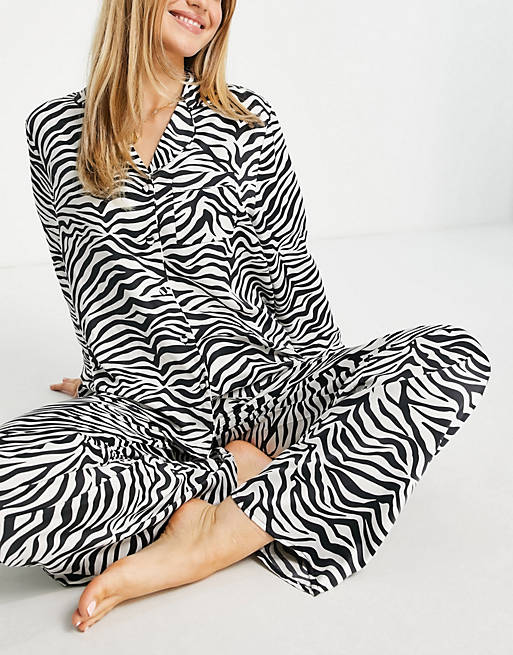 Loungeable satin zebra pyjama set in black and cream
