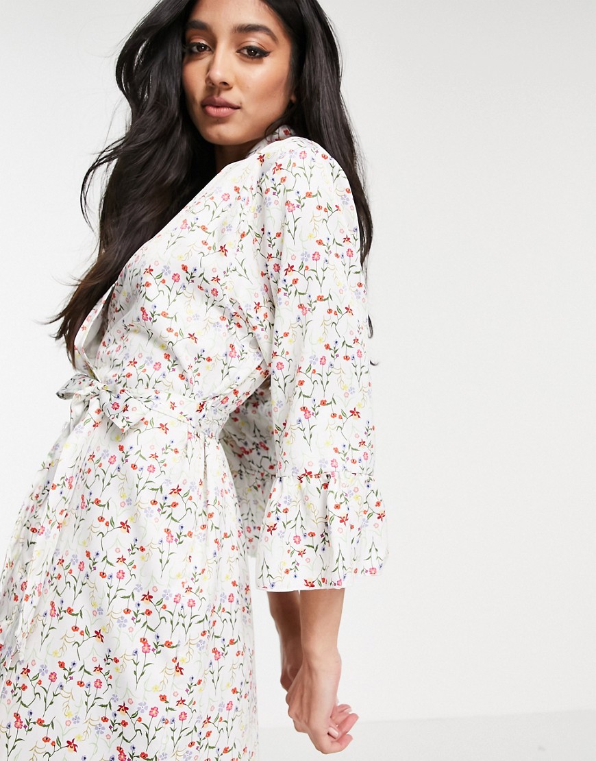 Loungeable sating robe with frill sleeves in meadow floral print-White