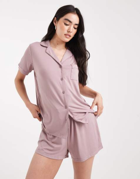 Loungeable – Sehr weicher Jersey-Pyjama in staubigem Malve mit kurzärmligem Hemd und Shorts - view 1