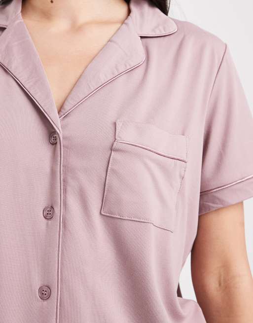 Loungeable – Sehr weicher Jersey-Pyjama in staubigem Malve mit kurzärmligem Hemd und Shorts, 4 von 4