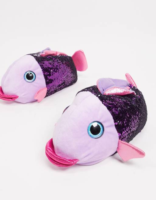 Loungeable sequin fish slippers in pink