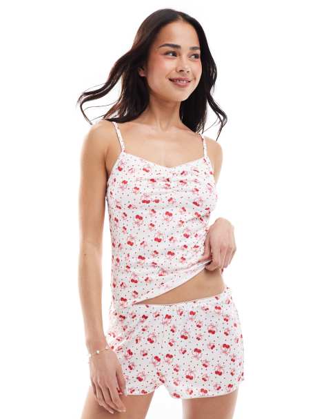 Loungeable - Set met baby-cami met lange pasvorm en shorts met kersenprint en wafelstructuur - view 1