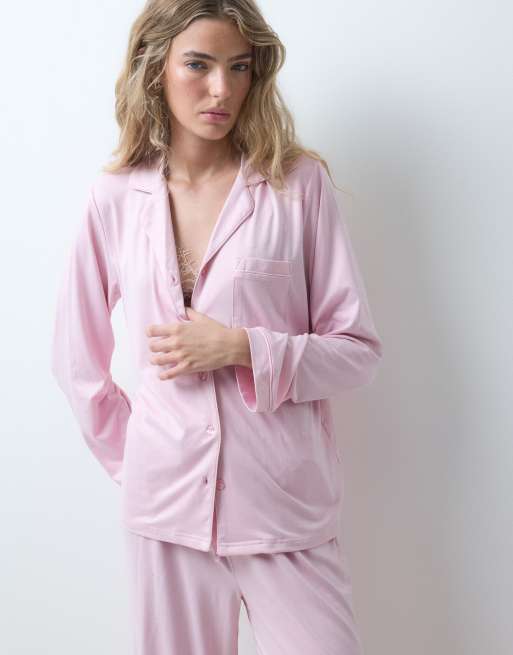 Loungeable set pigiama in jersey morbidissimo con top a rever e pantaloni a gamba larga rosa, 2 di 4
